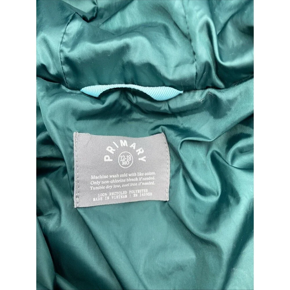 Primary Kids Puffer Bunting Snowsuit Teal Green 12-18 Months Hooded Baby